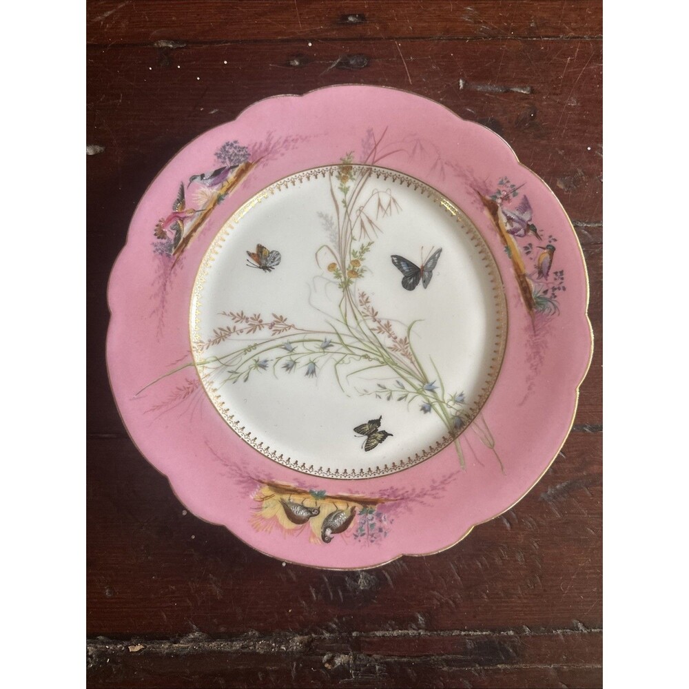 Antique Bailey Banks & Biddle Porcelain Plates Pink Cream Birds Butterfly